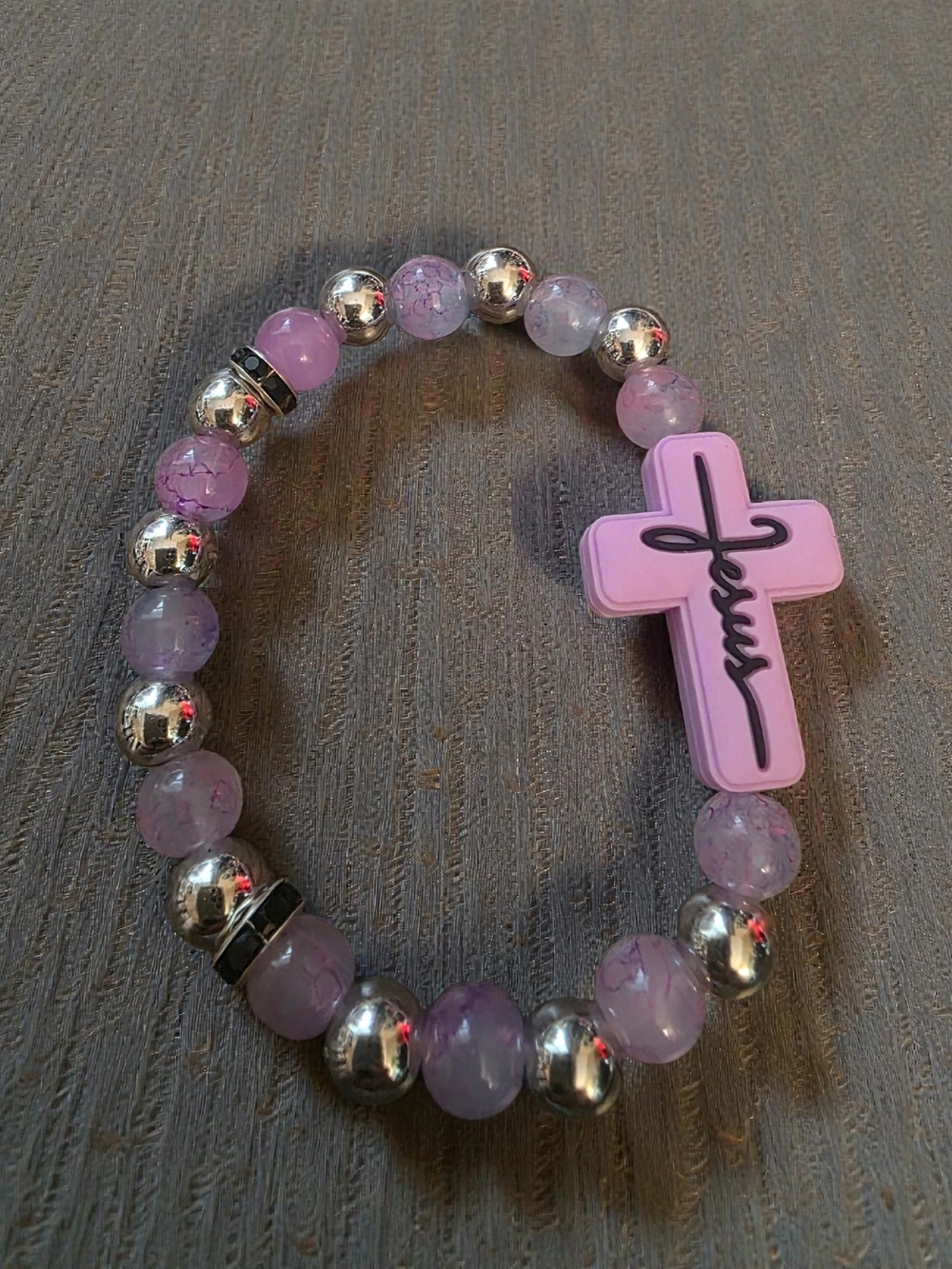 Handmade Purple Beaded Cross Jesus Bracelet Silver Tone Accents